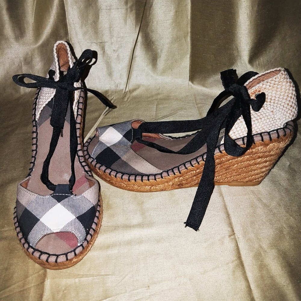 Burberry Espadrilles Ankle Tie Sandals/Wedges~Black Beige Plaid Cotton~37 fits 6